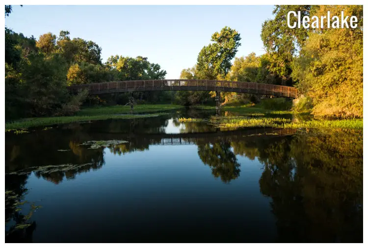 A long footbridge over the marina in Clearlake, California