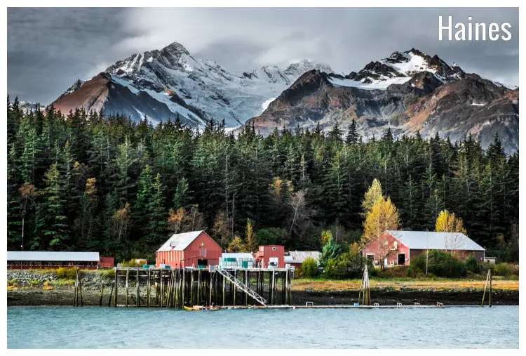 Part of the famed Cannery fishing village along the Pacific Ocean in Haines, Alaska, with a forest background and snow-peaked mountain glaciers Part of the famed Cannery fishing village along the Pacific Ocean in Haines, Alaska, with a forest background and snow-peaked mountain glaciers