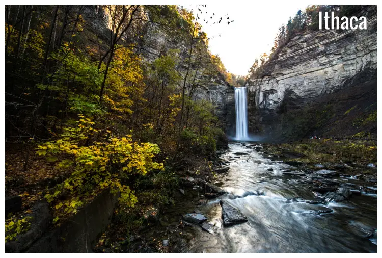 A stream of water flowing downstream from the Taughannock Waterfall in Ithaka, New York A stream of water flowing downstream from the Taughannock Waterfall in Ithaka, New York