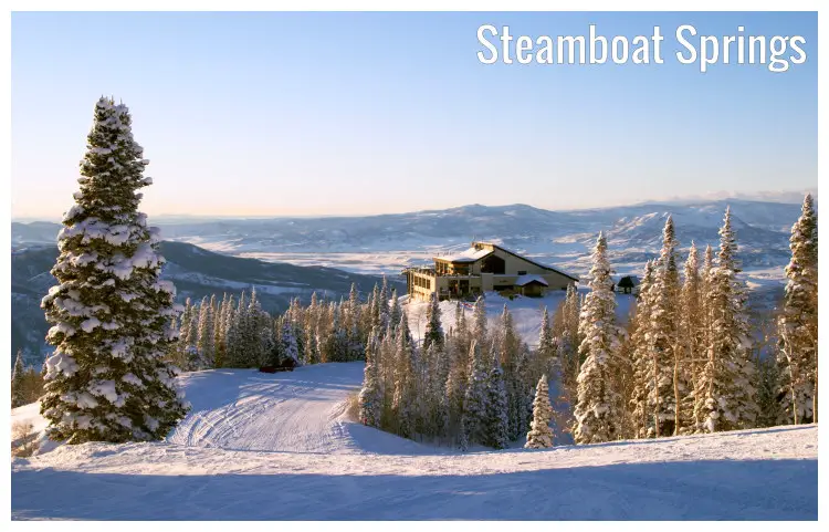Winter, snow on trees, and the beautiful gondola house afar, in the Steamboat Springs Resort, Colorado