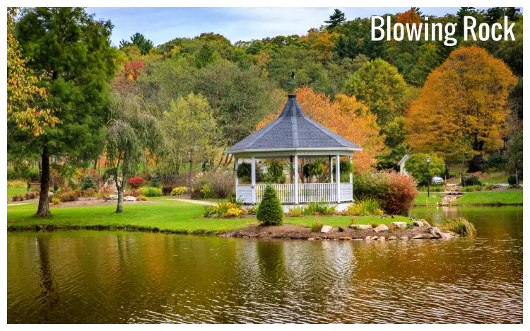 A very tranquil and colorful Broyhill Park near the calm Mayview Lake in Blowing Rock Town, North Carolina