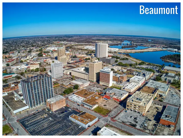 The densely populated city of Beaumont, Texas, with a view of the small lake in the city The densely populated city of Beaumont, Texas, with a view of the small lake in the city