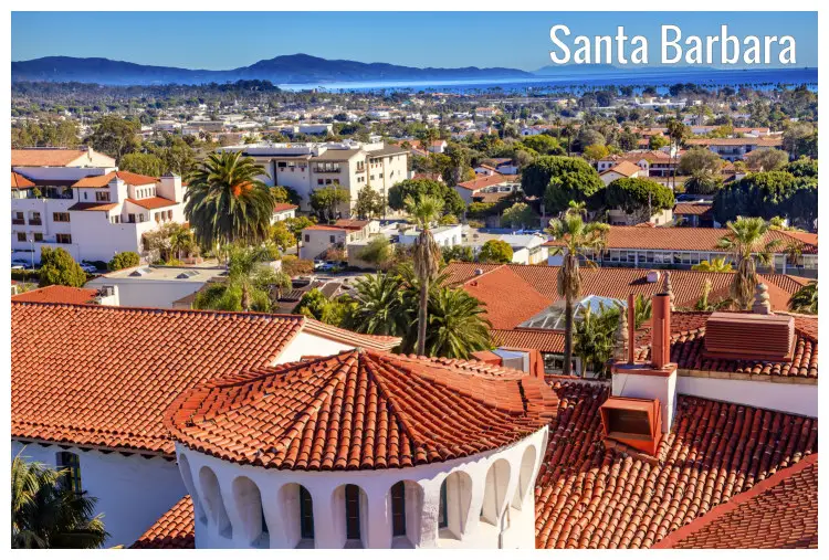 Orange rooftops of the courthouse buildings of Santa Barbara in California, Pacific Ocean Orange rooftops of the courthouse buildings of Santa Barbara in California, Pacific Ocean