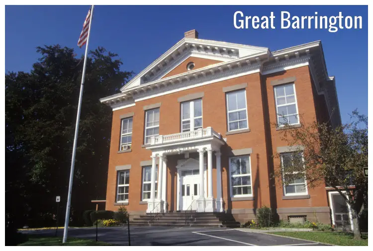 The colorful ancient stone building that hosts the town hall of Great Barrington in Massachusetts