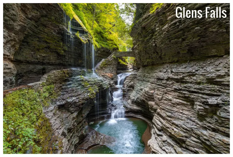 A deep and stunning nature scene around the scenic Glen Falls in New York, with the intriguing Rainbow Falls of Watkins Glen State Park Finger Lakes
