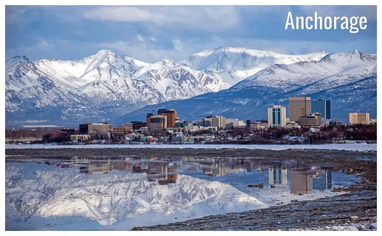 Wintertime in Anchorage, Alaska with mountains blanketed in snow Wintertime in Anchorage, Alaska with mountains blanketed in snow