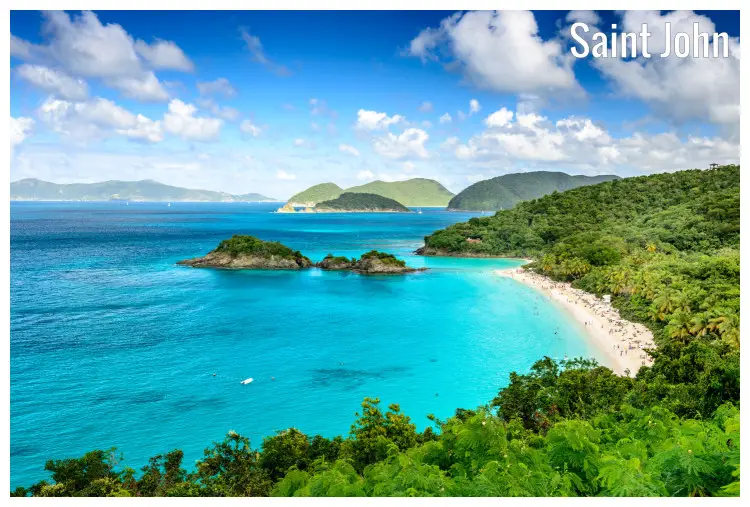 Beautiful scenery with green vegetation and the vast blue water around the islands in St John, Virgin Islands Beautiful scenery with green vegetation and the vast blue water around the islands in St John, Virgin Islands