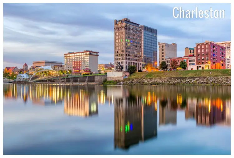 The calm Kanawha River in front of Charleston, West Virginia, reflecting the city in its water The calm Kanawha River in front of Charleston, West Virginia, reflecting the city in its water