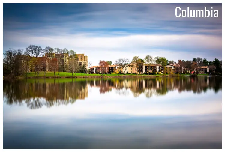 A beautiful and scenic setting around the waterfront homes at Wilde Lake in Columbia, Maryland