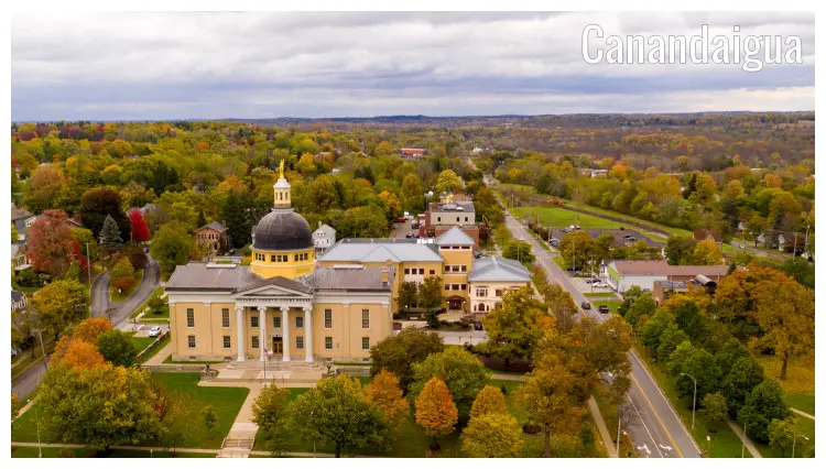 Golden brown trees, clean and neat lawns, clear roads and paths around the iconic Ontario County Courthouse in Canandaigua, New York Golden brown trees, clean and neat lawns, clear roads and paths around the iconic Ontario County Courthouse in Canandaigua, New York