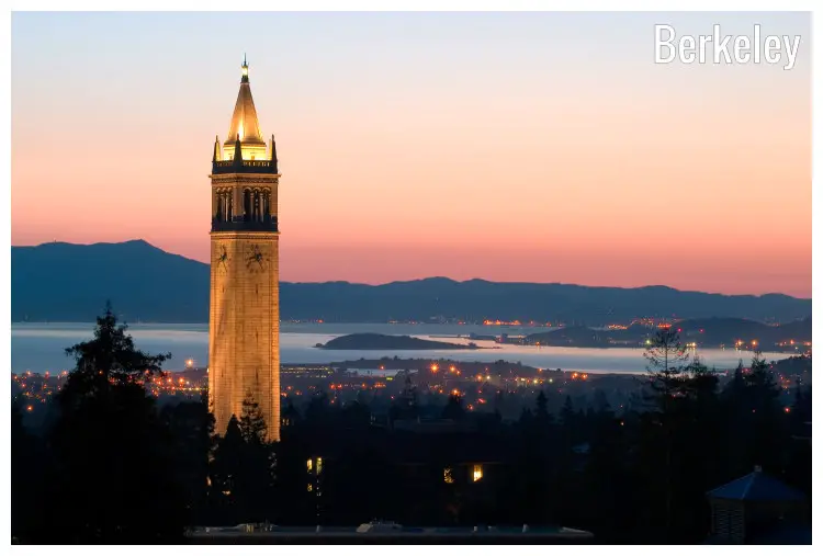 the neon-lit iconic Berkeley University Sather Tower in California