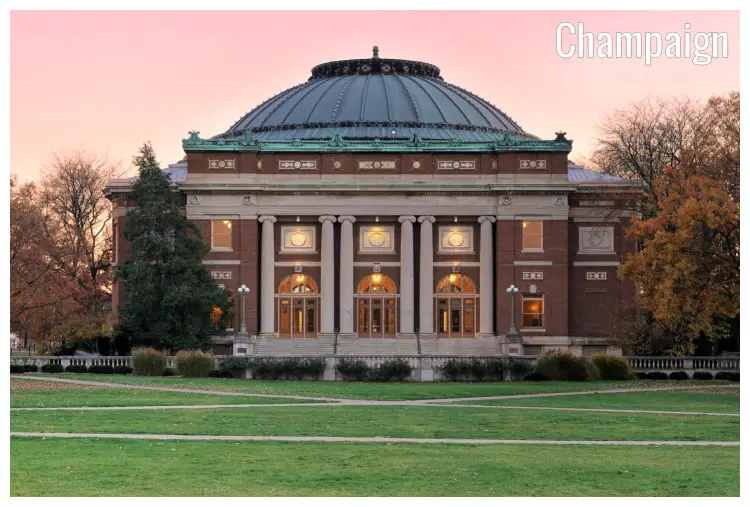 An old building that works as an auditorium within the University of Illinois in Champaign An old building that works as an auditorium within the University of Illinois in Champaign