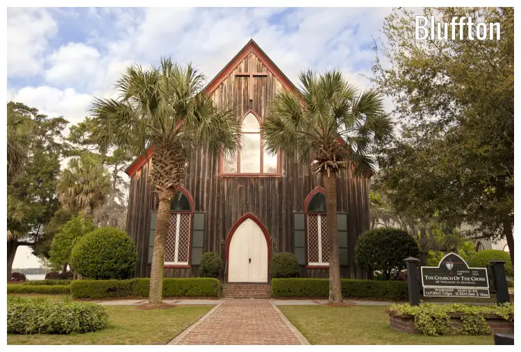 The iconic historic Church of the Cross in Bluffton, South Carolina, set in a beautiful garden park