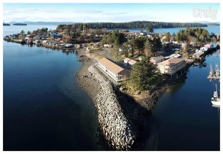 The magnificent island city of Craig in Alaska, with the surrounding forestry and hilly ranges The magnificent island city of Craig in Alaska, with the surrounding forestry and hilly ranges