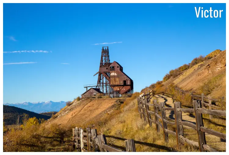 Paths and left structures of a former gold mine in the hilly region of Victor, Colorado Paths and left structures of a former gold mine in the hilly region of Victor, Colorado
