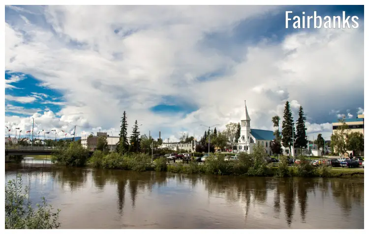 The scenic Fairbanks City in Alaska, seen from across the Chena River