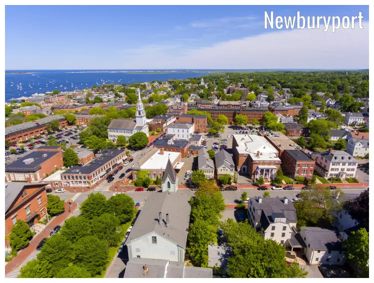 Panorama of Newburyport Town in Massachusetts, and a view of the State Street, the iconic First Religious Society Church, and the big Merrimack River