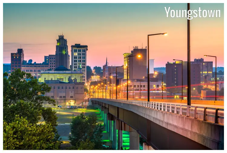 Colorful neon lights along the high bridge into downtown Toungstown, Ohio