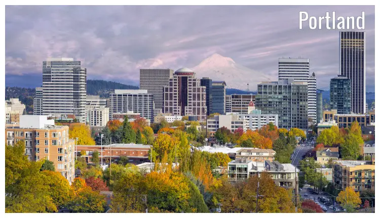 A colorful autumn view of the outline of Portland City, Oregon, USA A colorful autumn view of the outline of Portland City, Oregon, USA