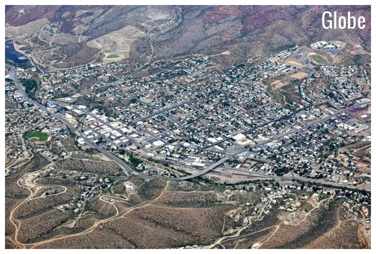 An aerial panorama of the landscape of Globe City in Arizona