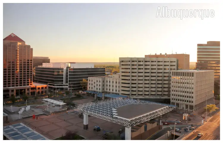 A square in Albuquerque, New Mexico, with a view of the civic and government buildings