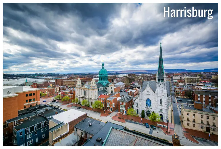 A church, a mosque, and other buildings along State Street in Harrisburg, Pennsylvania A church, a mosque, and other buildings along State Street in Harrisburg, Pennsylvania