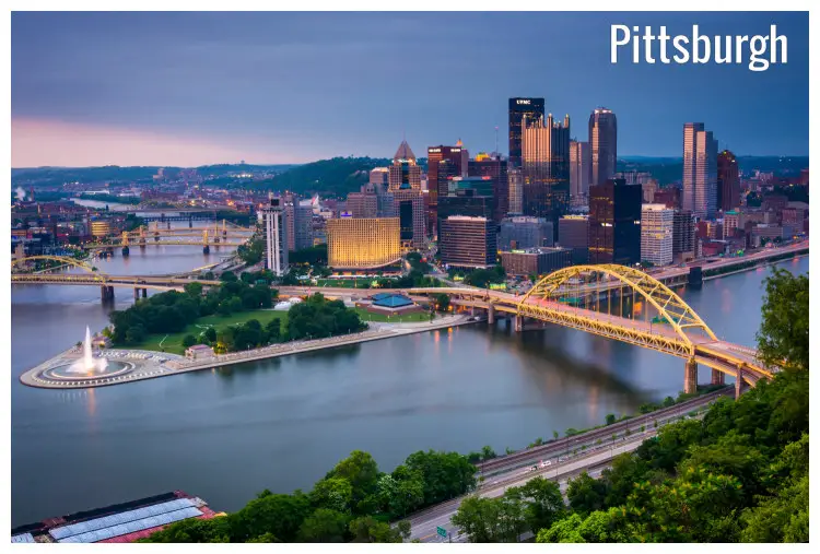 A beautiful dusk panorama of Pittsburgh, Pennsylvania, with the river and several bridges