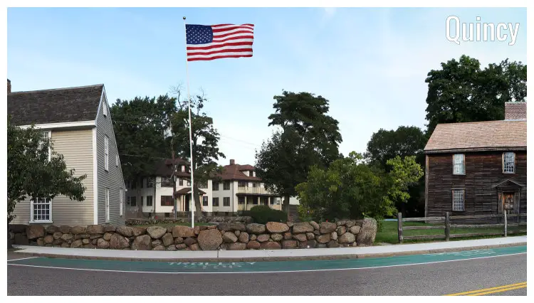 A US flag flying on a stone platform outside the houses of the 2nd and 6th Presidents of the US, in the small town of Quincy, Massachusetts