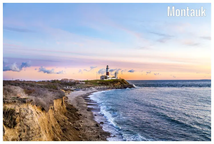 The shores of The Atlantic Ocean with a far view of the Montauk Point Lighthouse, in Montauk, New York