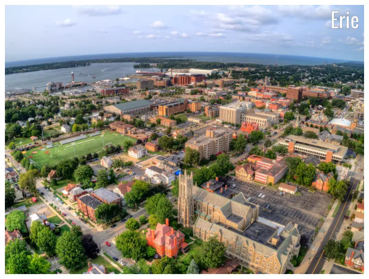 The somber town of Erie, Pennsylvania, from above on a cool and sunny day, with a clear view of the dark and calm water of Lake Erie in the back