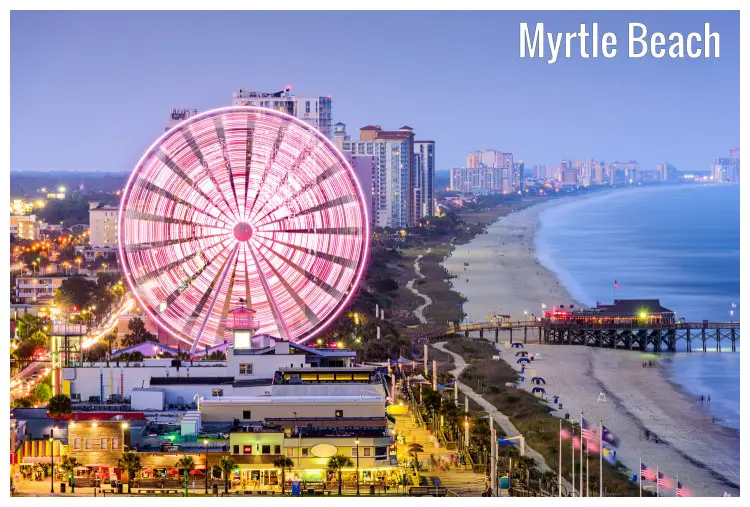 The glorious Myrtle Beach in South Carolina, with lit city buildings