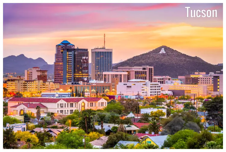 Sunset in downtown Tucson, Arizona with a skyline and a sentinel peak in the distance Sunset in downtown Tucson, Arizona with a skyline and a sentinel peak in the distance