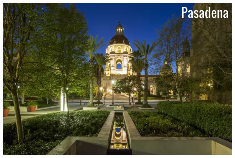 Pasadena City Hall in California, with neon-lit paths and natural gardens, under a perfect blue night sky Pasadena City Hall in California, with neon-lit paths and natural gardens, under a perfect blue night sky