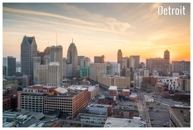 The downtown city of Detroit, Michigan viewed from a bird The downtown city of Detroit, Michigan viewed from a bird