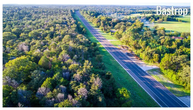 An endless straight road passing through a scenic forest of colorful trees, in the Bastrop region of Texas