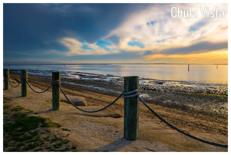 Wood and rope barriers at sunset on the waterfront of Bayside Park in Chula Vista, San Diego Bay, California
