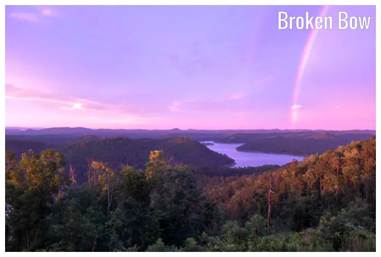 The scenic setting of the dense tree cover around the small Mountain Lake in the Broken Bow region of Oklahoma