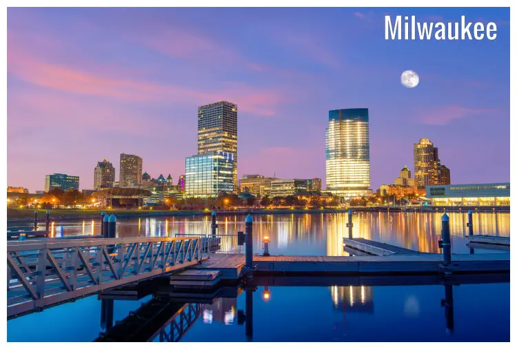 The modern Milwaukee City and Lake Michigan in Wisconsin, USA