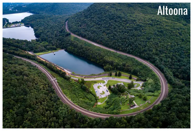 The scenic Horseshoe Curve in Altoona, Pennsylvania, from above, with a view of the scenic environs of deep tree cover, hills, and scenic lakes The scenic Horseshoe Curve in Altoona, Pennsylvania, from above, with a view of the scenic environs of deep tree cover, hills, and scenic lakes