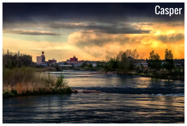 The calm North Platte River flowing through downtown Casper in Wyoming The calm North Platte River flowing through downtown Casper in Wyoming