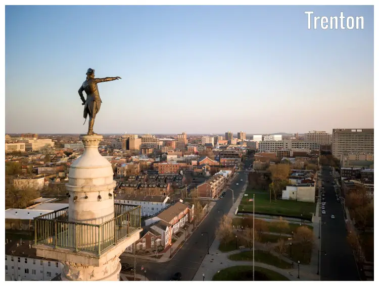 A full aerial view of Trenton, New Jersey, with the George Washington statue