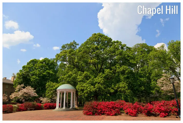 Red flowers and green trees around the Old Well at the iconic UNC in Chapel Hill, North Carolina Red flowers and green trees around the Old Well at the iconic UNC in Chapel Hill, North Carolina
