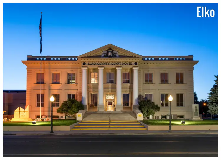 The front of the iconic county courthouse of Elko County in Nevada The front of the iconic county courthouse of Elko County in Nevada
