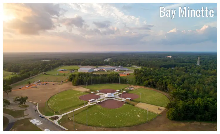 An aerial panorama of the scenic Bay Minette in Alabama