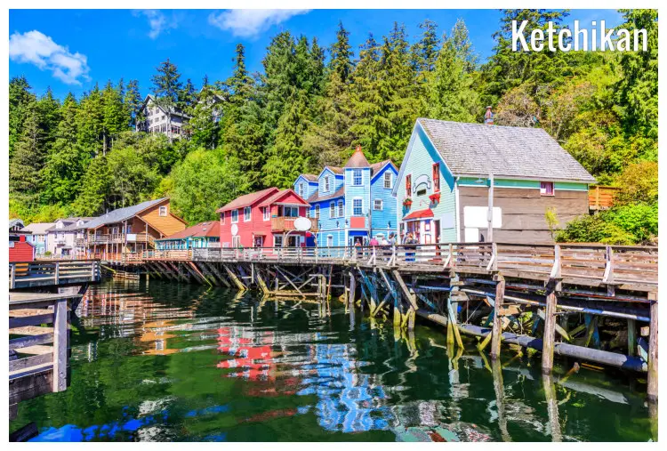Beautiful and colorful houses along the waterfront boardwalk on Creek Street in Ketchikan, Alaska