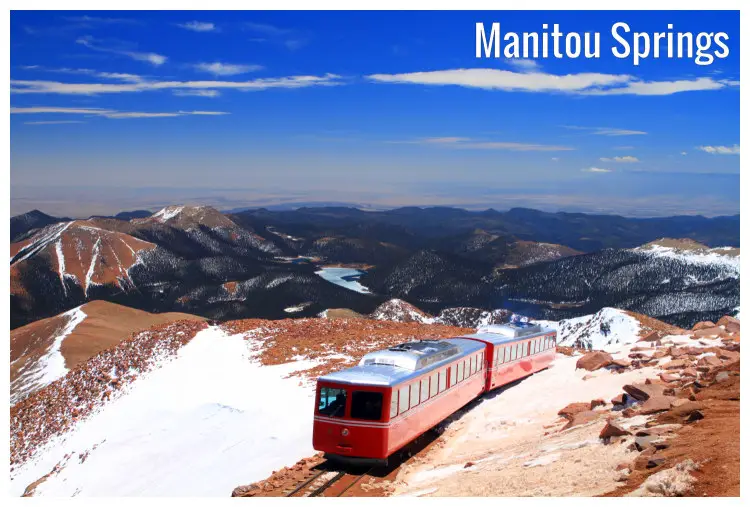 A train on the top of Pikes Peak Mountain in the scenic Manitou Springs, Colorado