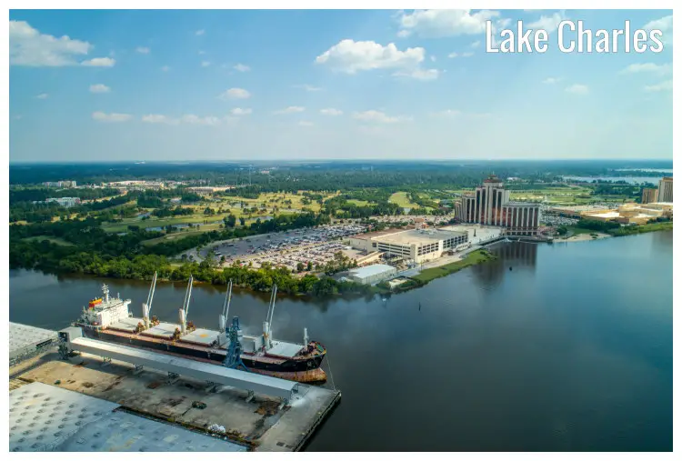 A large ship has docked on the shores of the iconic Lake Charles in Louisiana