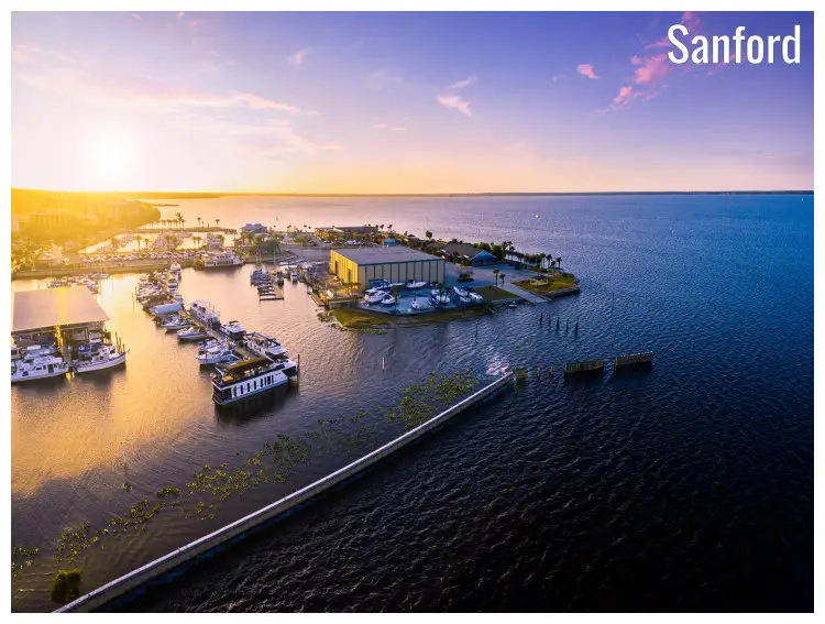 Boats docked along the shores of Lake Monroe in Sanford, Florida