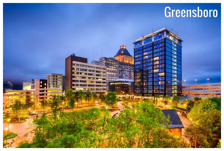A scenic shot of the skyscrapers in the cityscape of Greensboro, North Carolina, numerous neon lights lighting up the streets, buildings, and park below