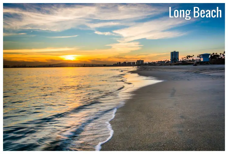 A colorful sunset sky over the Pacific Ocean in Long Beach, California